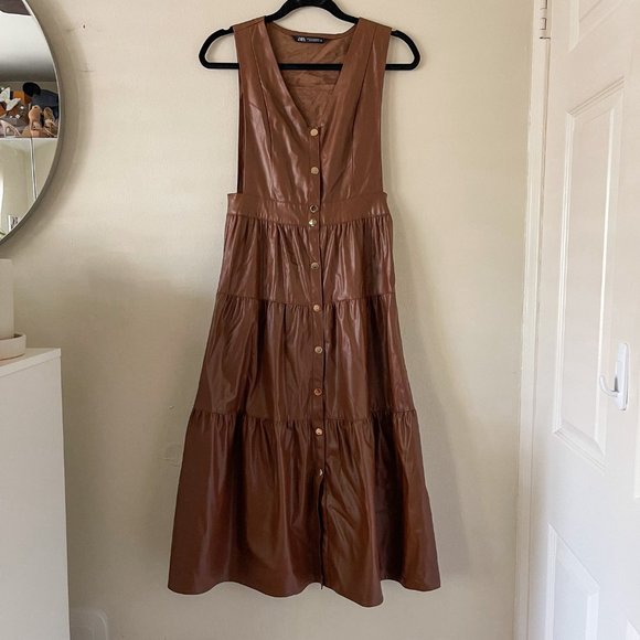 Zara Brown Faux Leather Midi Dress - Picture 4 of 8